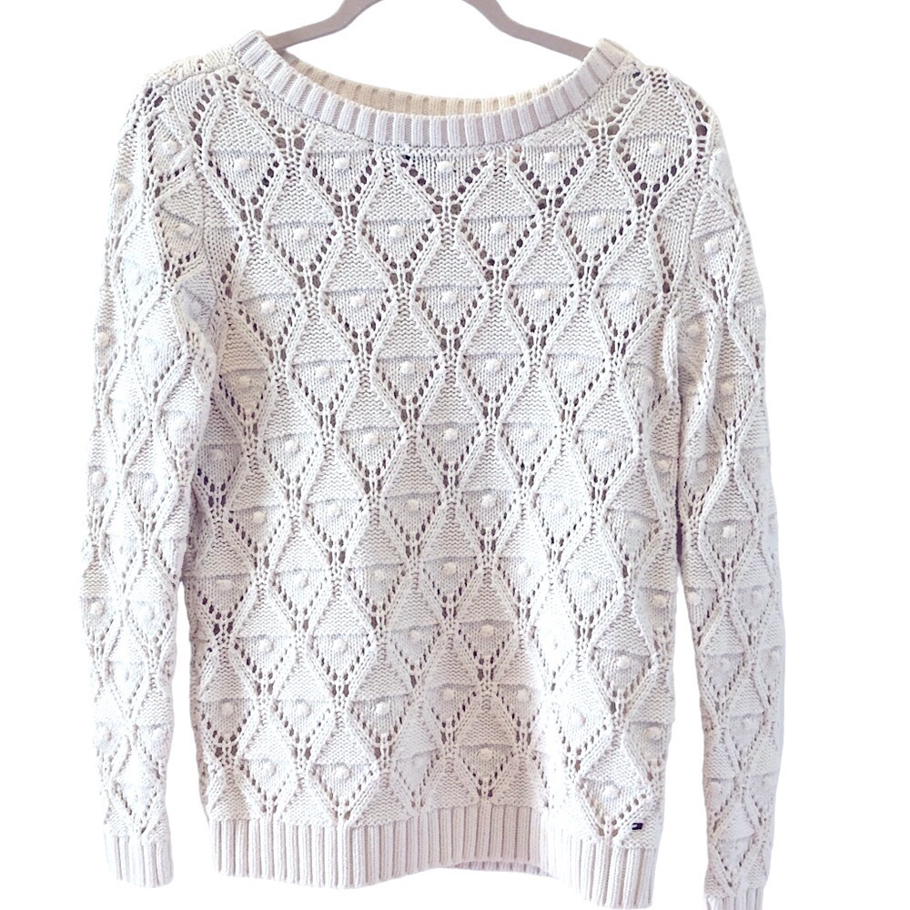 TOMMY HILFIGER Cotton Knit Fisherman Sweater Vintage Style Popcorn/Argyle Sz SP